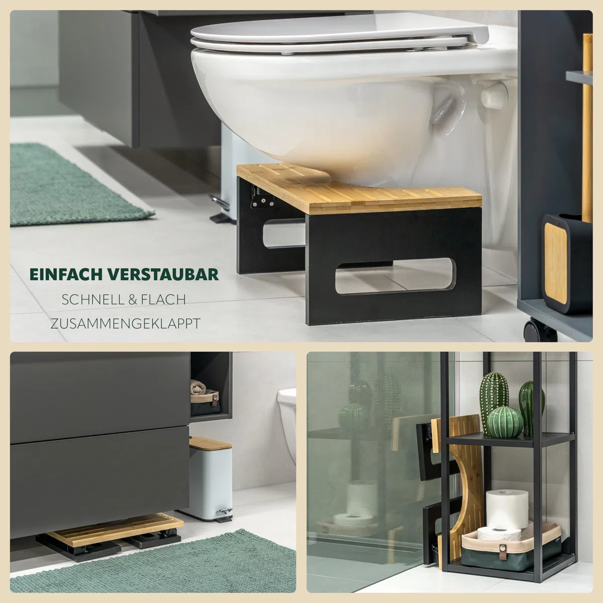 eluno Sgabello WC in bamb? con cuscinetti antiscivolo, pieghevole salvaspazio, stabile sgabello ideale per adulti e bambini, offre sollievo in caso di stitichezza, gonfiore (Nero)