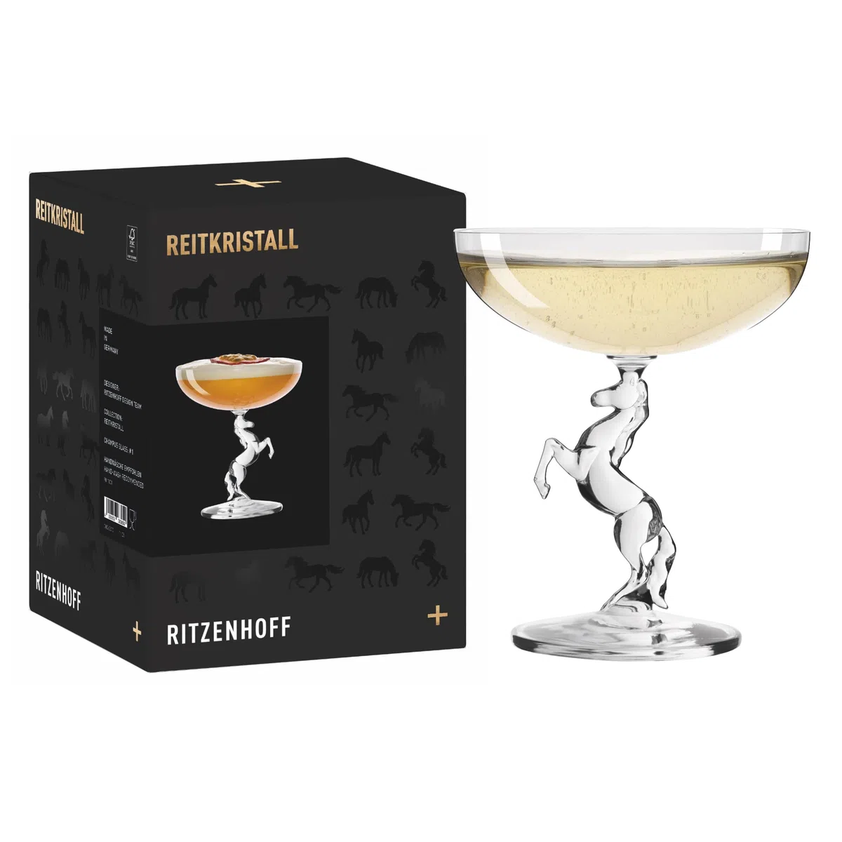 RITZENHOFF Reitkristall 9011001 - Calice da spumante da 200 ml, design semplice ed elegante, con stelo a forma di cavallo in ascesa, prodotto in Germania