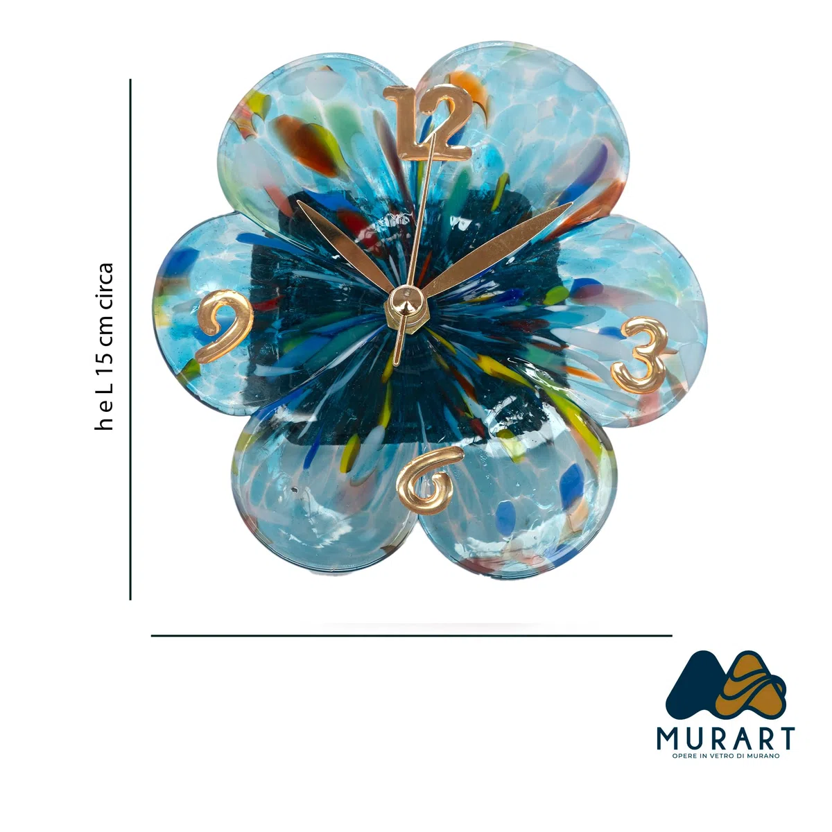 MurArt Orologio da Tavolo in Vetro di Murano realizzato a mano con una Forma di Fiore e misure 15x15 cm Made in Italy (1, Acquamare)