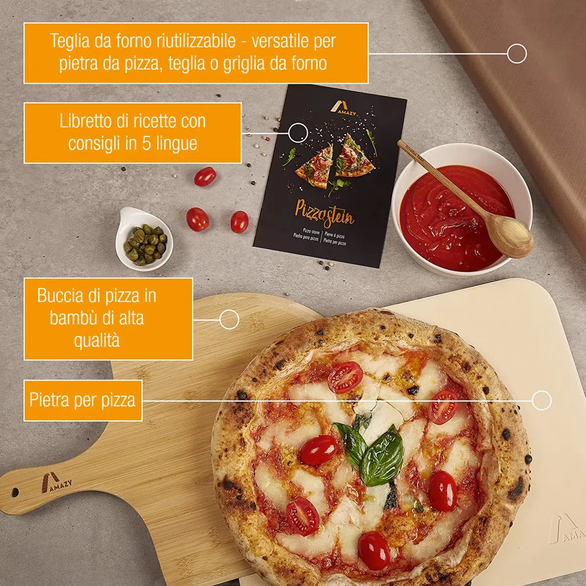 Amazy Pietra refrattaria per pizza da forno, incl. Pala in bambù, Carta da forno riutilizzabile e Ricettario –Pietra pizza dal sapore italiano (38x30x1,5cm)