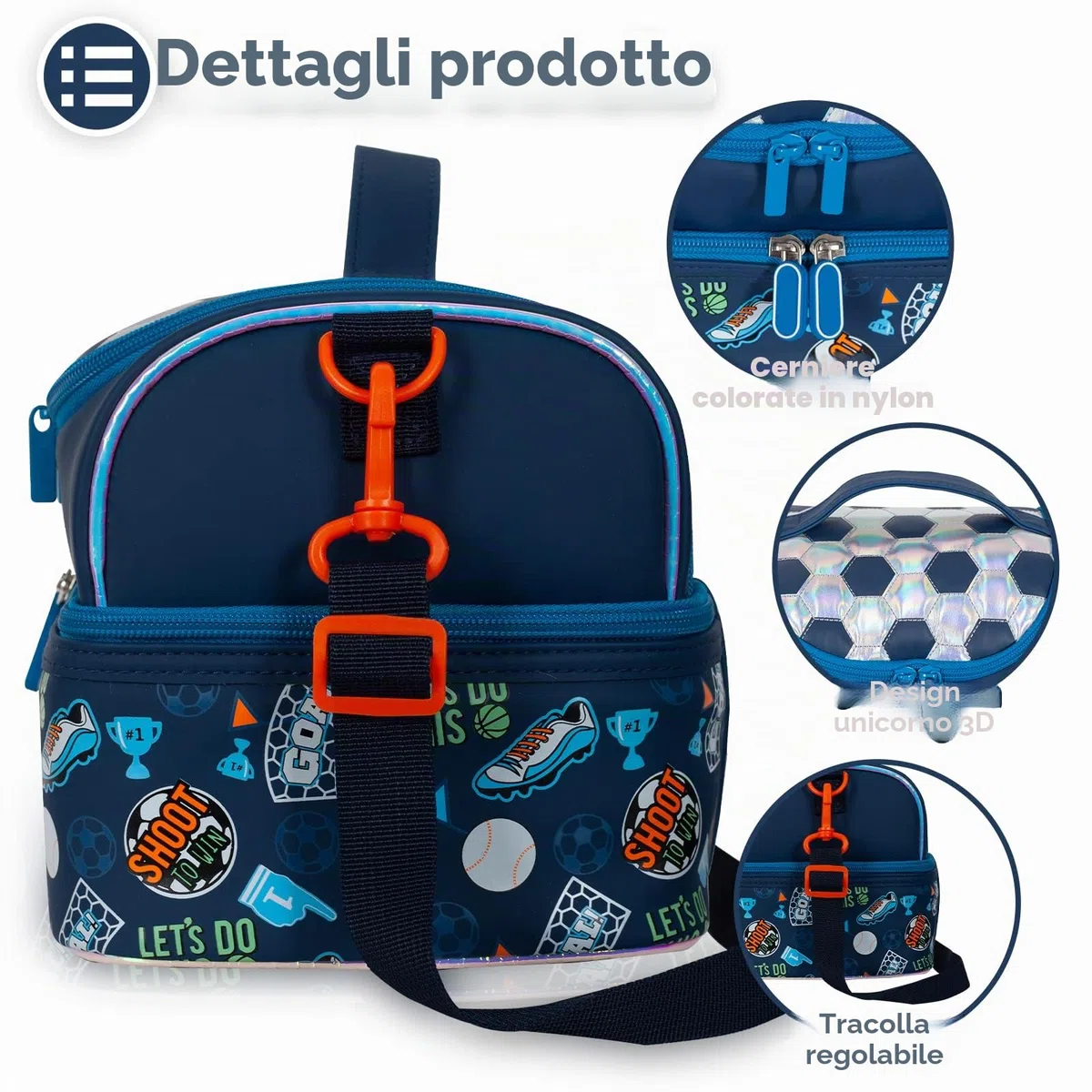 PinkSheep Borsa termica per il pranzo a due piani per bambini, grande, per ragazzi, ragazze, uomini, donne, con tracolla regolabile, unicorno (Calcio)