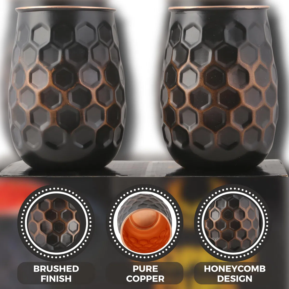 STAGLIFE - Set di 2 tazze in rame puro a nido d'ape per acqua potabile, tazze da bere, bicchieri, bicchiere alto nero solido Moscow Mule senza manico, spazzolato/grande, non foderato