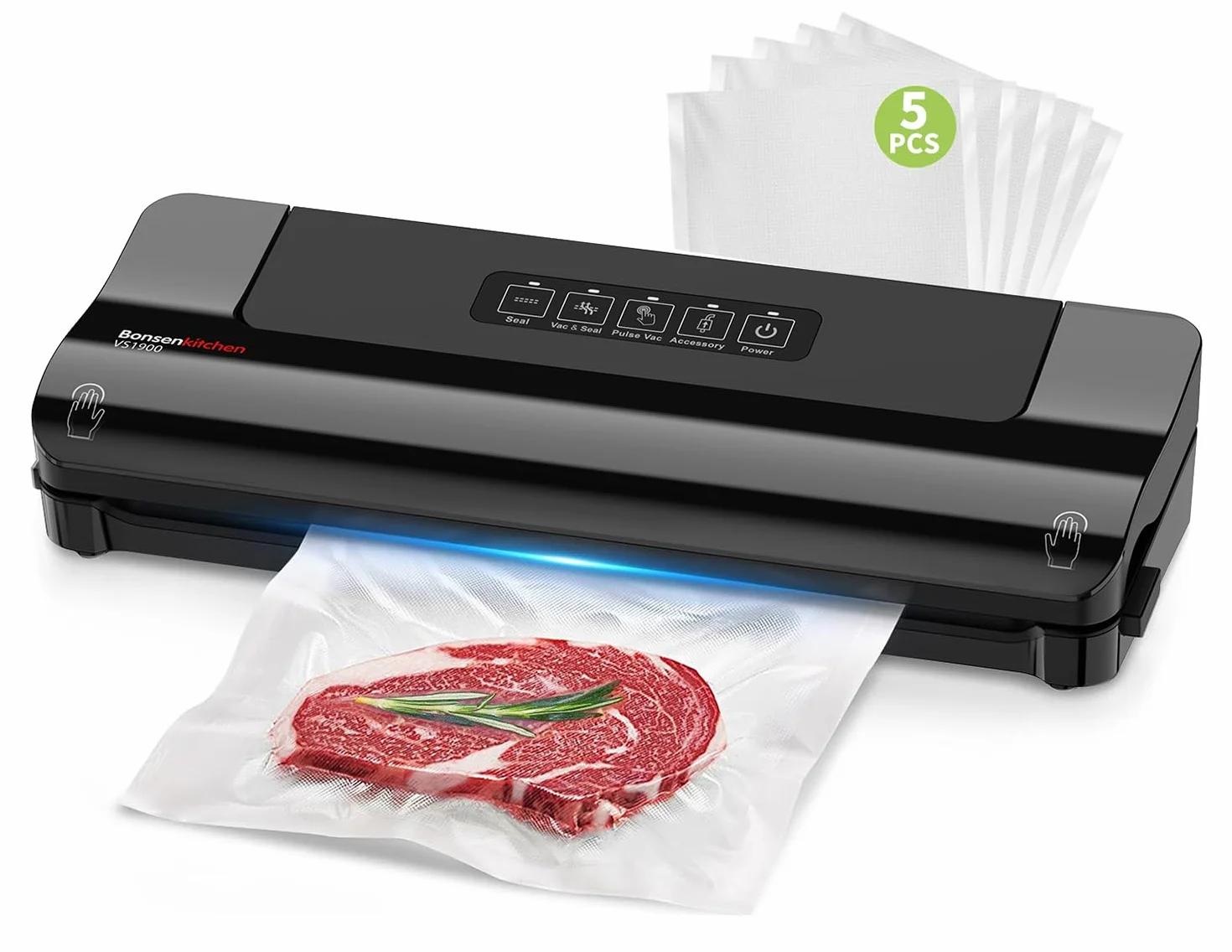 Bonsenkitchen Macchina per Sottovuoto Alimenti – Compatta, Funzionamento Continuo ad Alta Velocità, 4 Modalità, Include Sacchetti e Tubo Accessorio