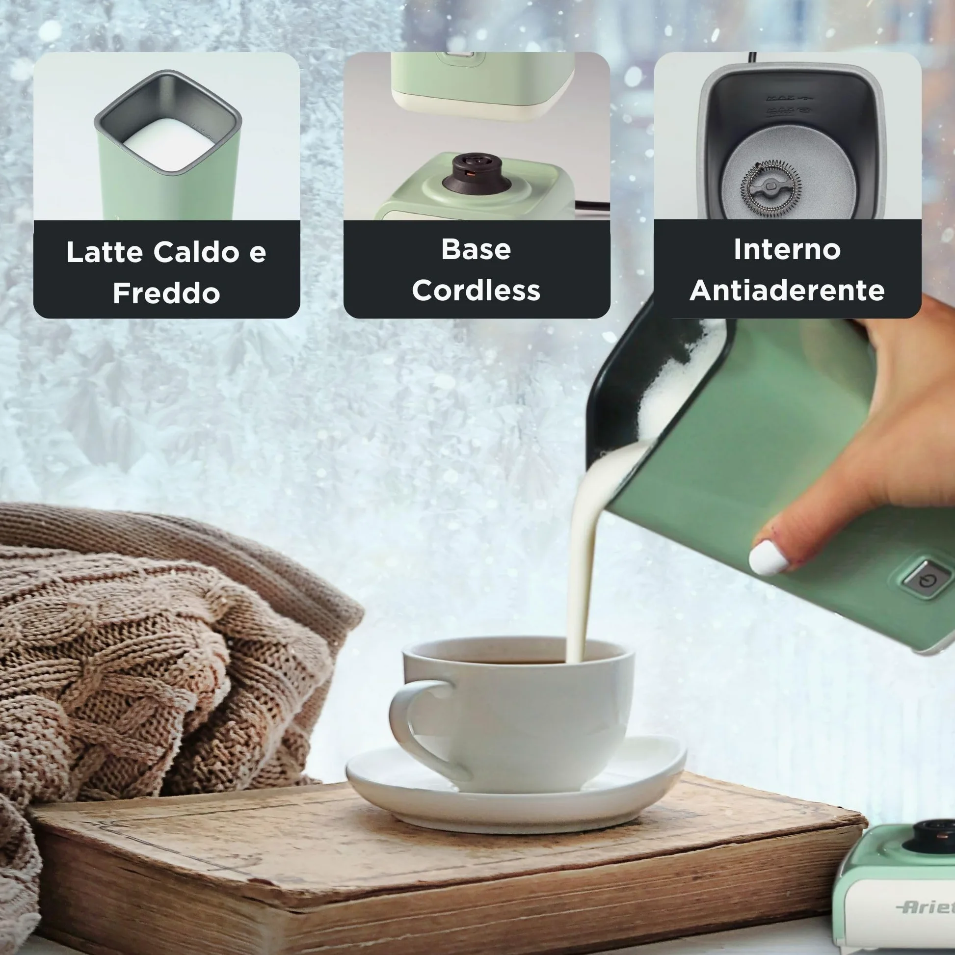 Ariete Cappuccinatore Vintage 2878, Montalatte Elettrico Stile Retrò Per Cappuccino E Cioccolata Calda, Montalatte Elettrico Cappuccino In 2 Minuti, Capacità 250ml, Potenza 500 W, Verde