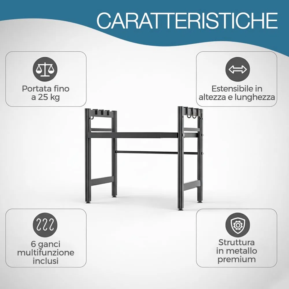 Supporto per Microonde Mensola Regolabile e Salvaspazio Scaffale da Cucina Mobiletto Aggiustabile con Gancio Counter Ripiano Due livelli