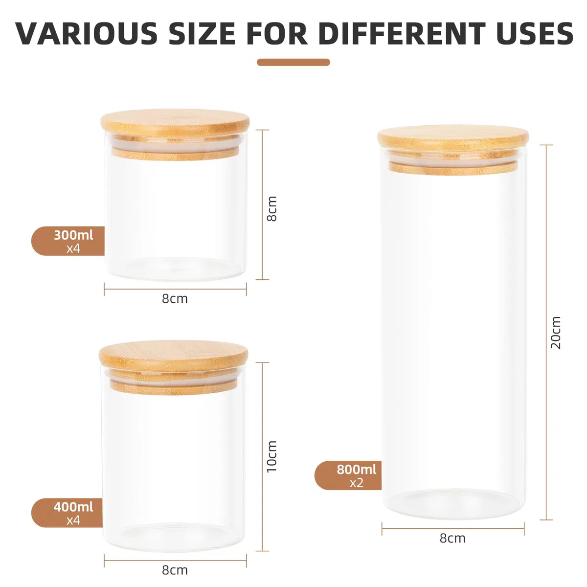 Cinnani Set di 10 Barattoli Vetro con Coperchio,Ermetici,Barattoli da Cucina in Vetro con Coperchio,Contenitori per Alimenti con coperchio di Bambù,barattoli Cucina vetro per Biscotti,Pasta,Cereali