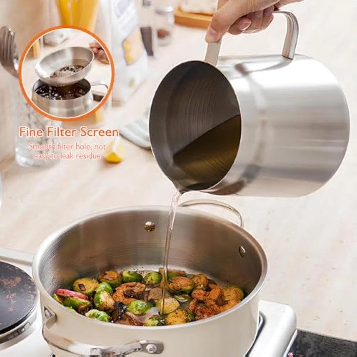 Pentola Filtro Olio in Acciaio Inox con Filtro a Rete, Contenitore per Grasso da 1,5 l/2 l, friggitrice Multifunzionale per friggere e conservare,1.5L