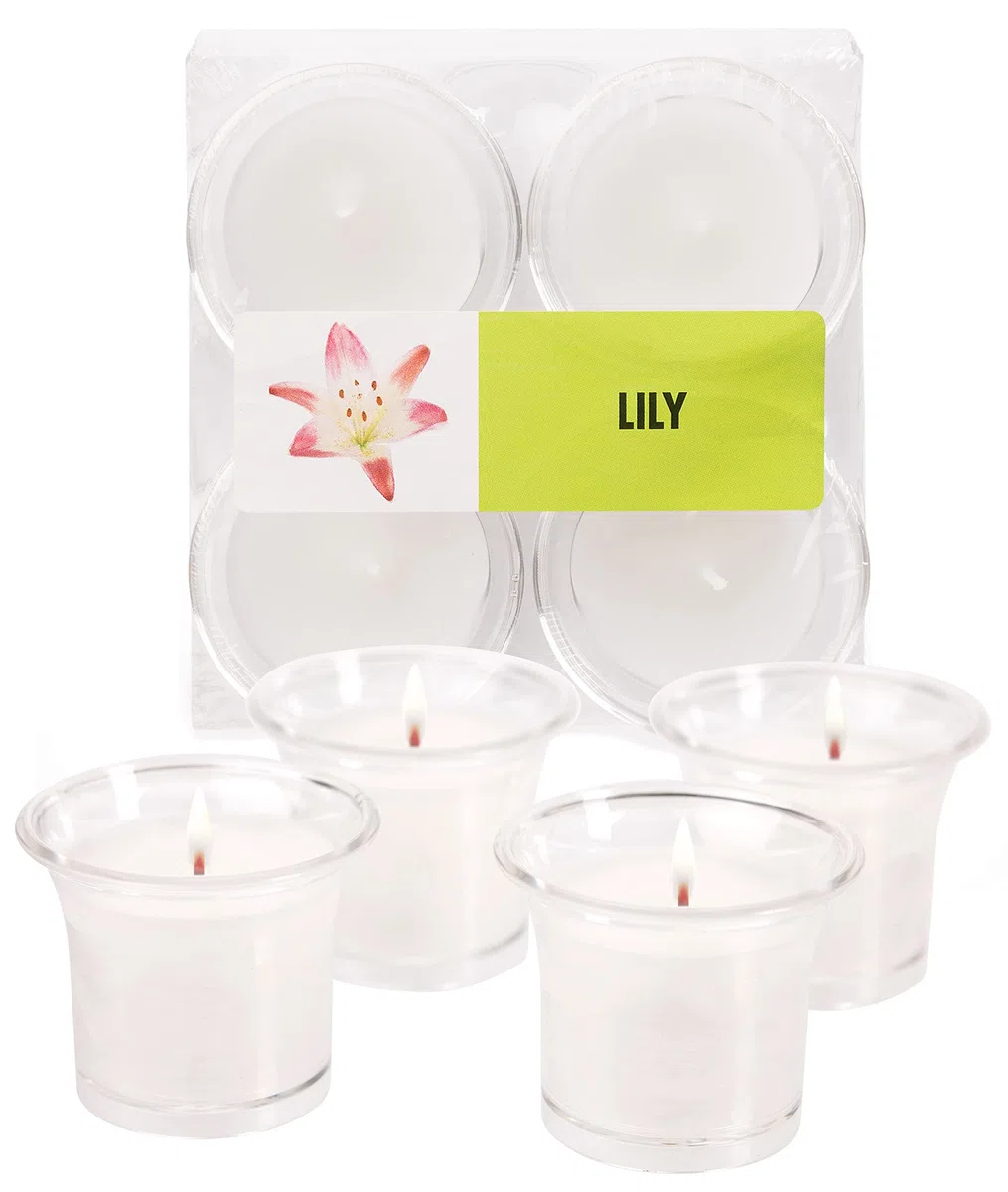 Hyoola Candele Profumate Votive con Portacandele Trasparente - Candele Profumate Piccole Giglio - Durata Candela Votiva 12 ore - Set Candele Profumate da 4 - Made in EU