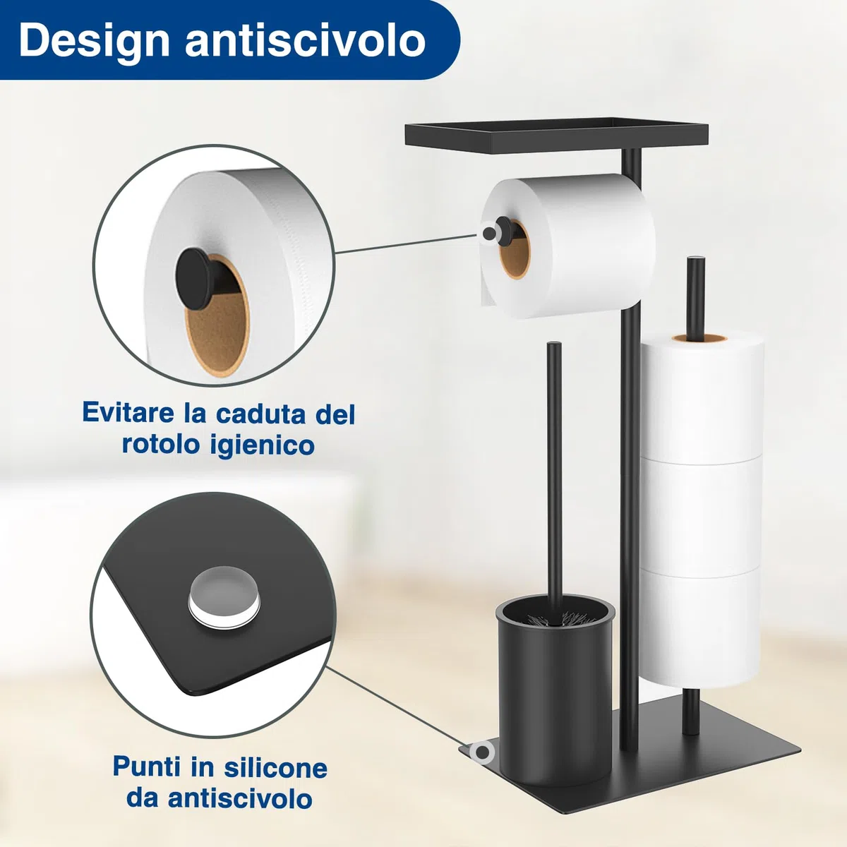 Porta carta igienica in acciaio inossidabile con scopino per WC - Set per WC con vassoio, spazzolino per WC e porta carta igienica