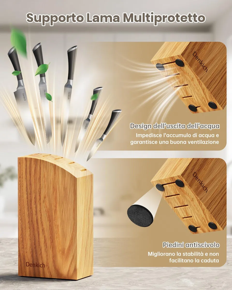 Coltelli da Cucina, 6 Pezzi Professionali Scoltelli da Cucina Tedesco in Acciaio Inossidabile, Ceppo con Blocco in Legno di Caucciù, Include Coltello da Chef, da Pane, da disco etc(8 pollici)