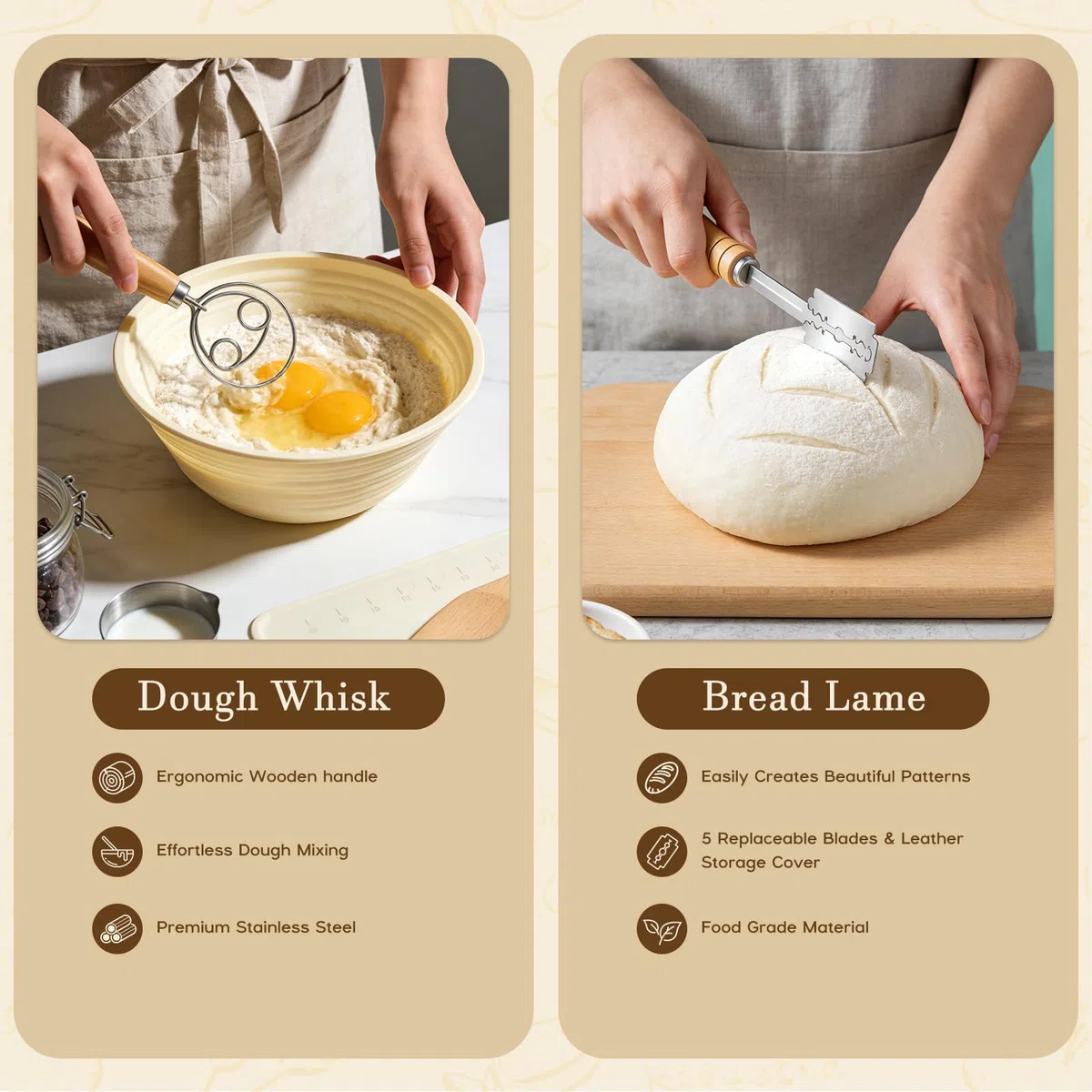 19 Pezzi Set di Cestini Lievitazione Pane 23cm e 25cm Cestino Lievitazione Pane con Raschietto per Pasta, Frusta per Impasto Kit Completo per Pasta Madre per Principianti, Panettiere Esperto