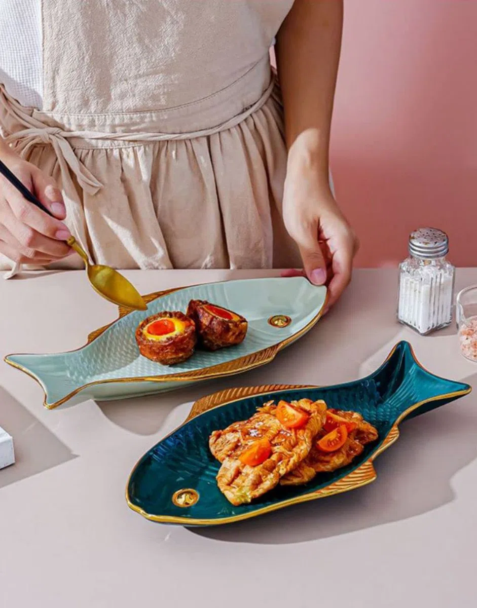 Piatti da insalata a forma di pesce, in ceramica, 30 cm, piatti piani per pasta e dessert, piatti da portata per antipasti, sushi, frutta (verde)