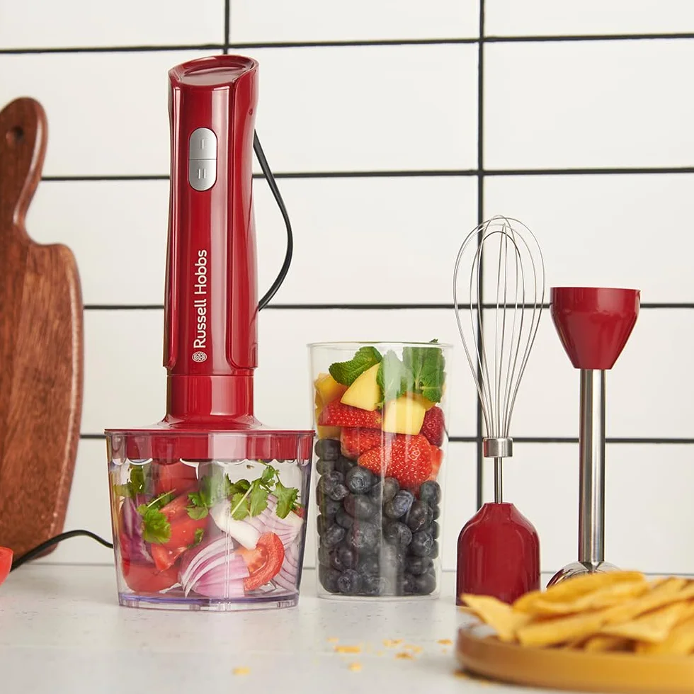 Russell Hobbs Frullatore a Immersione [3 in 1: Frullatore, Frusta e Lame Tritatutto] Desire Rosso (600ml, Parti lavabili in lavastoviglie, Lame acciaio inox, Per frullati, zuppe, salse) 27142-56