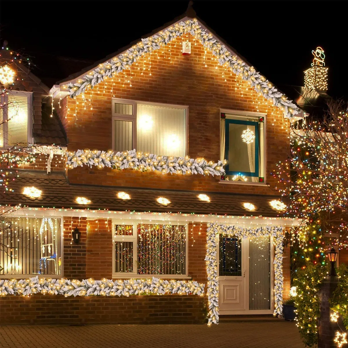 Ghirlanda natalizia con illuminazione - Ghirlanda natalizia artificiale 2,7 m, 50 LED, Illuminazione interna ed esterna, Decorazione natalizia per scale, camini e finestre in casa e uffici. (bianco