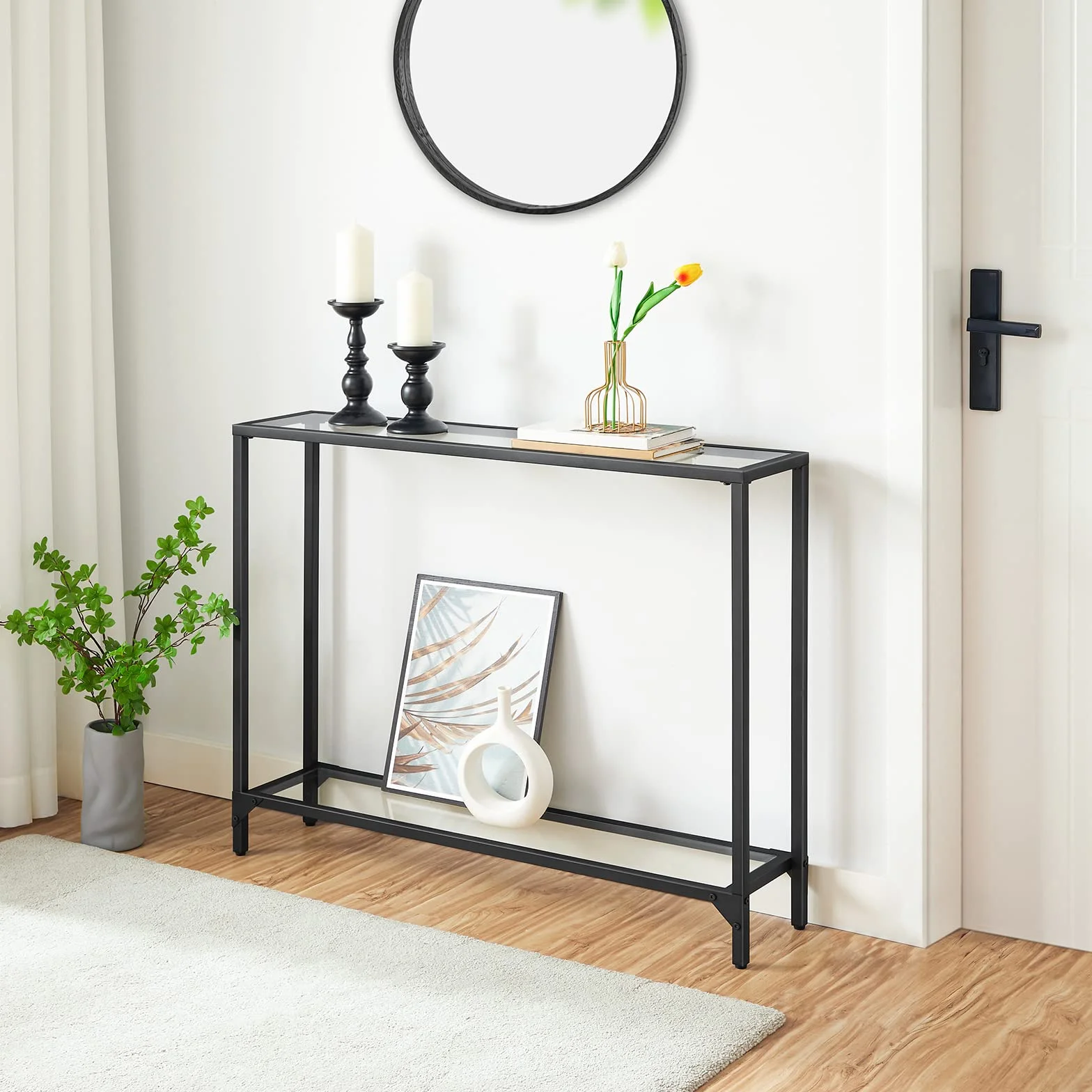 HOOBRO Consolle a 2 ripiani, in vetro, sottile, per corridoio, con 2 ripiani, 100 x 22 x 80 cm, in vetro temperato, tavolino da esposizione moderno per soggiorno, piccolo spazio, nero EBK04XG01