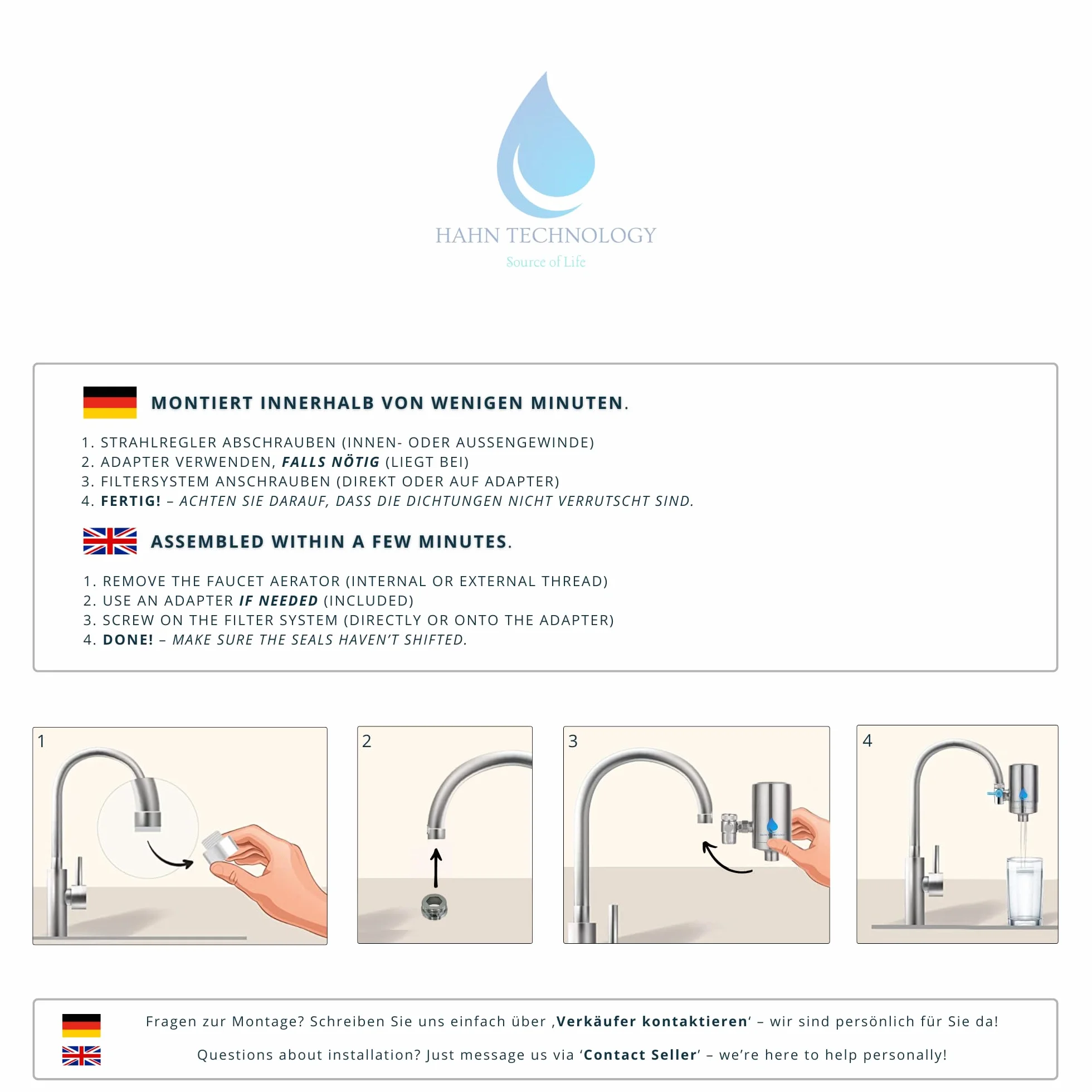 Filtro acqua per rubinetto – Cassa in acciaio inox con cartuccia filtro a carbone attivo Plus | Per acqua potabile pulita | Rimuove cloro, microplastica e sostanze nocive
