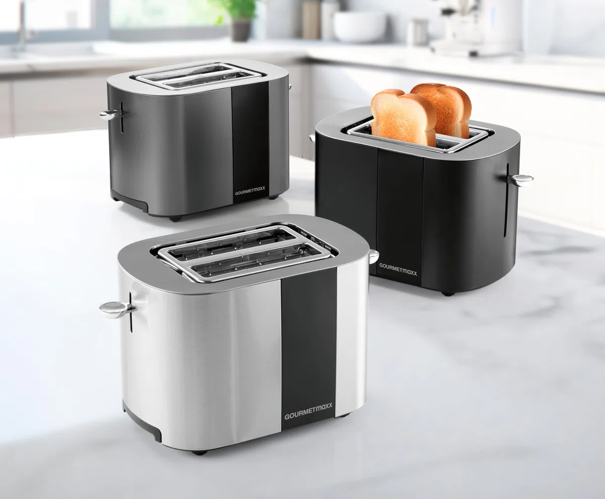GOURMETmaxx Tostapane con fessura corta per 2 fette | Tostapane nero con 6 gradi di doratura e conto alla rovescia pronto a 2 eat | Utensile da cucina elettrico con display touch, inserto per panini e