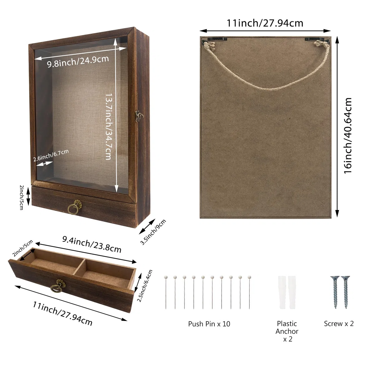FramePro Cornice profonda in legno con cassetto e retro morbido, 28 x 40 cm, in vero vetro, per collezioni di ricordi, medaglie, bouquet da parete o da tavolo