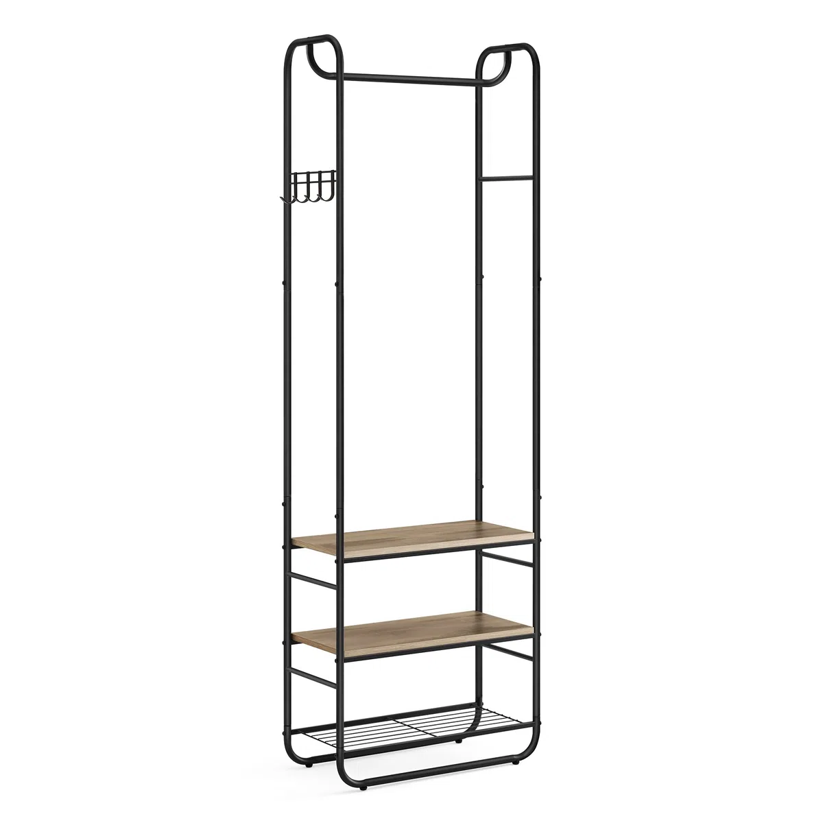 VASAGLE Appendiabiti con Scarpiera per Ingresso, Attaccapanni con Ripiani Portaoggetti, per Soggiorno, Camera da Letto, 58 x 28 x 181 cm, Stile Scandinavo, Nero Inchiostro e Marrone Cammello HSR081K01