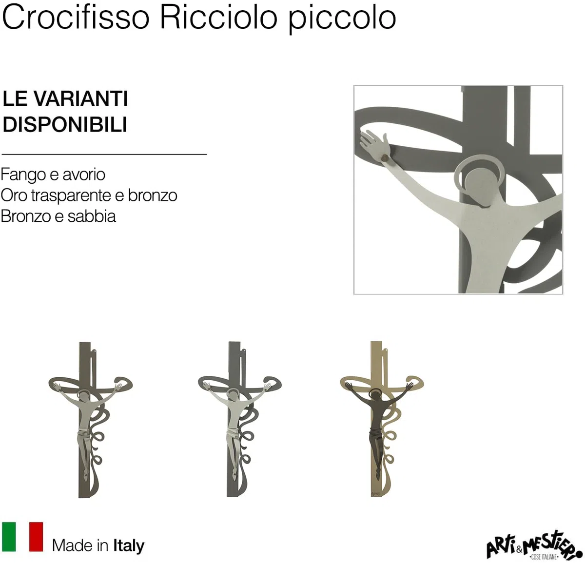 Arti & Mestieri Crocifisso Ricciolo piccolo di Design 100% Made in Italy - in Ferro, 23 x 45H cm (Fango e avorio)