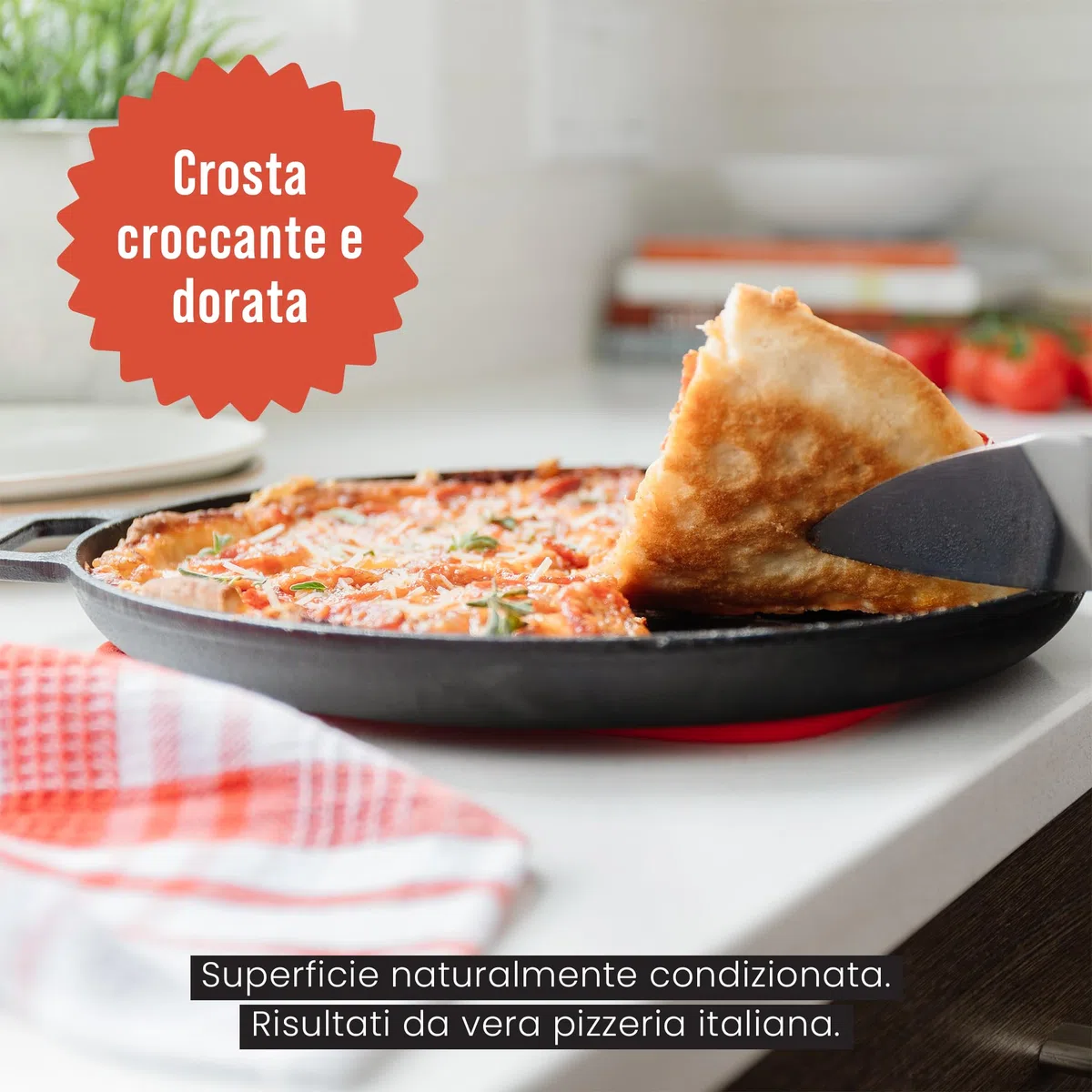 Chef Pomodoro Teglia per Pizza Rotonda in Ghisa Antiaderente da, Teglia Pizza Rotonda con Maniglie, Resiste ad Alte Temperature, Padella Pizza Adatta a Forni, Barbecue, Falò (30 cm)