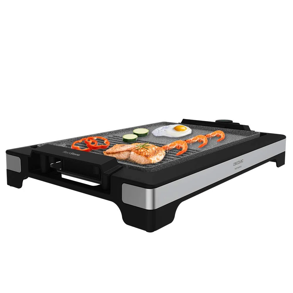 Cecotec Piastre Grill Tasty&Grill 2000 Inox MixStone. 2000 W, Termostato regolabile in 5 livelli di potenza, 37,5 x 24,5 cm, Include vassoio raccogli-grasso