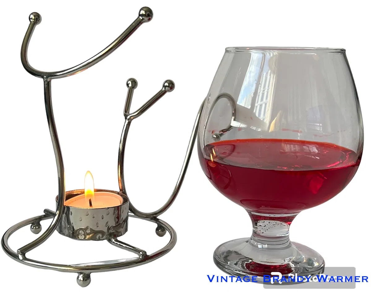 Set scaldavivande con bicchierino per brandy e cognac, in argento, con lumini, bar e pub