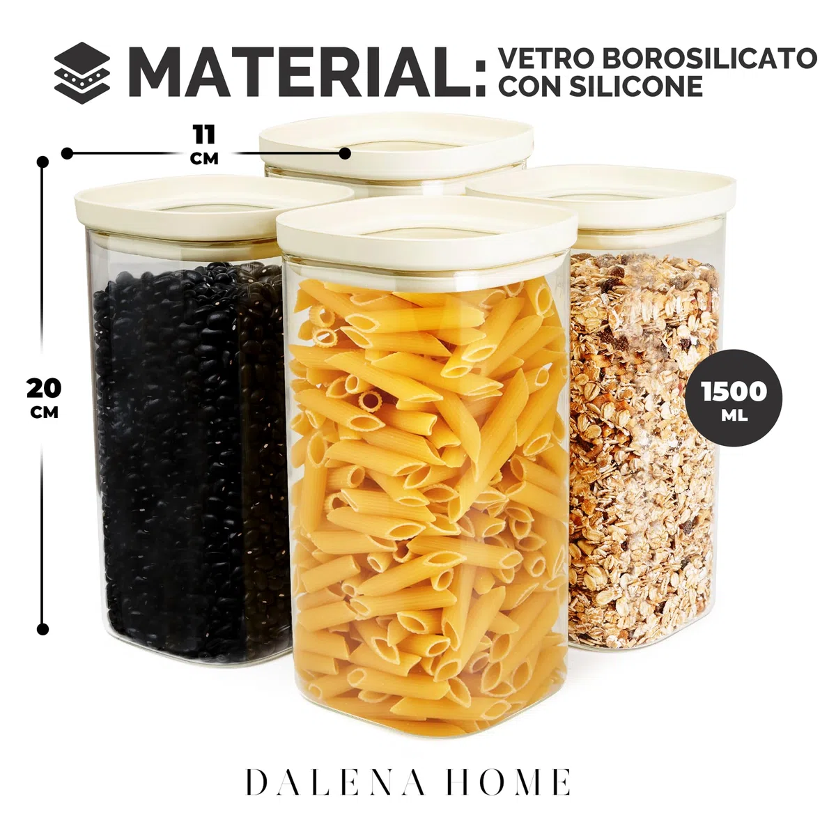 Set di 4 Barattoli di Vetro con Coperchio robusto Vetro Borosilicato + Etichette (4x 1500ml) Contenitore Ermetico per Alimenti - Contenitori per Pasta