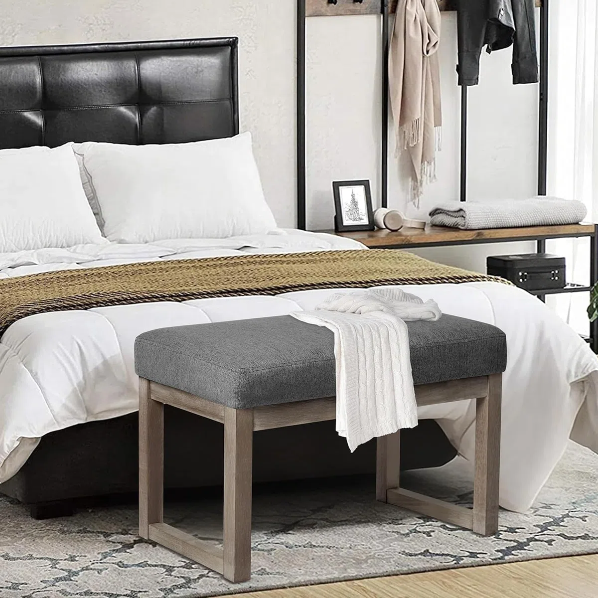 CangLong 70cm poggiapiedi rettangolare Confortevole panca in legno imbottita in tessuto per il soggiorno, la camera da letto e l'esterno, grigio
