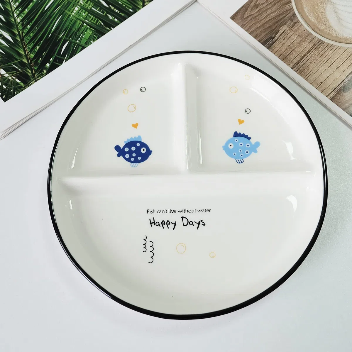 2 Pezzi Piatti da pranzo Ceramica, Piatti Divisi In Ceramica, Piatti Snack Con Scomparti, Per Pasti Divisi, Feste, Snack, Insalate, Dessert (Motivo Pesce)