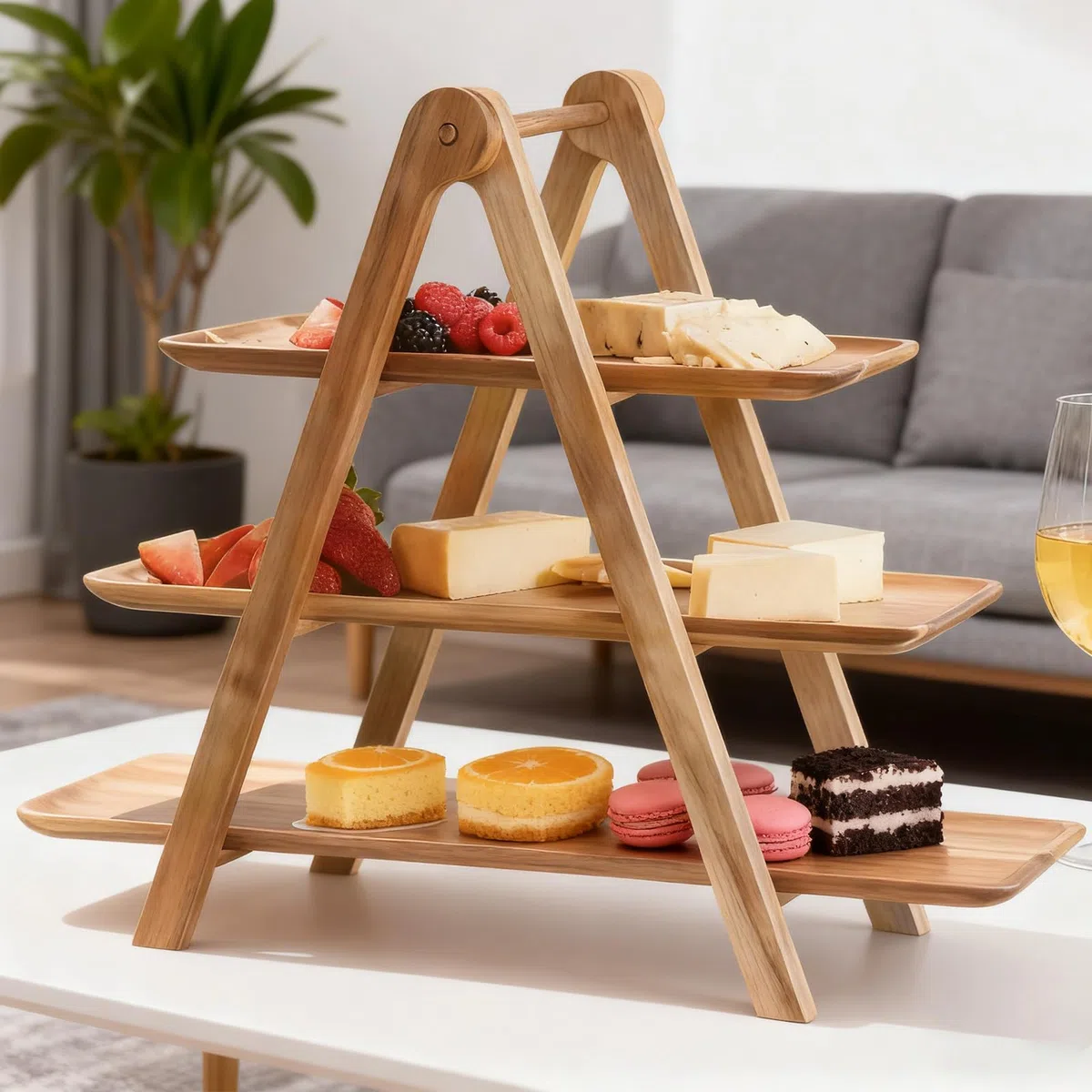Vassoio Da Portata A 3 Livelli, Espositore Per Dessert A 3 Livelli Con Superficie Per Alimenti, Alzatina Per Dolci In Legno Pieghevole, 3 Vassoi In Legno Per Cupcake Per Dolci, Snack E Formaggi, Porta