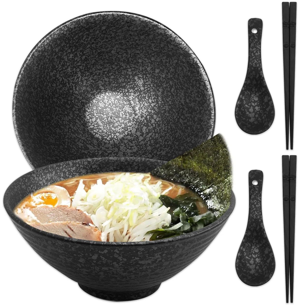 Ramen - Ciotola in ceramica, 2 ciotole da 1200 ml, in ceramica, con bacchette e cucchiai, 2 set di ciotole giapponesi