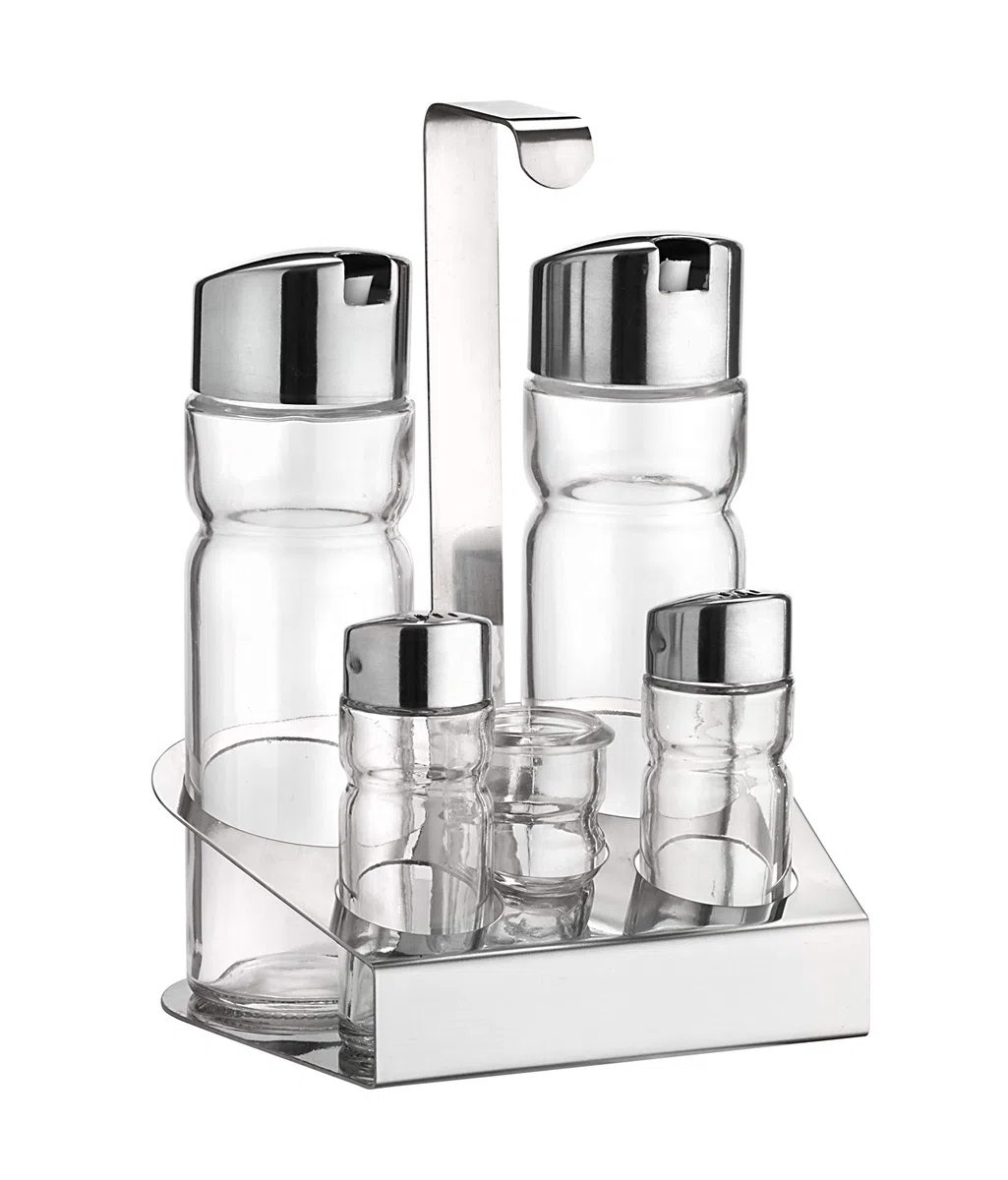 PINTINOX Prima Collection, Oliera 5 pz (Olio, Aceto, Sale, Pepe, Stuzzicadenti), in Acciaio Inox e contenitori in Vetro con Sistema Salva Goccia