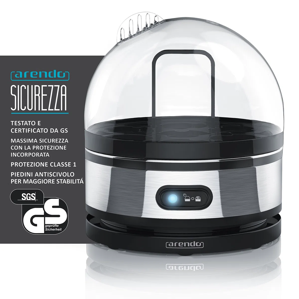 arendo - Cuociuova Sevencook - da 1 a 7 Uova - Bollitore per Uova in Acciaio con Funzione di Mantenimento del Calore - Grado di durezza Regolabile alla Coque Medio e sodo - Nero Argento