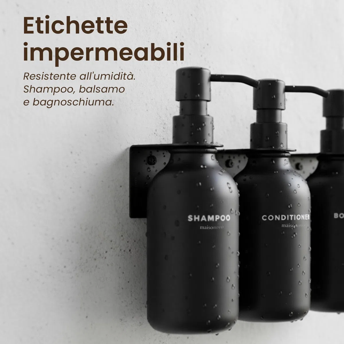 MaisoNovo Dispenser Per Shampoo E Balsamo - Dispenser Per Sapone Da Doccia Con Montaggio A Parete - Set Da 3 Flaconi In Plastica Nera Da 500 ml Con Pompe Nere - 3 Scomparti Senza Foratura