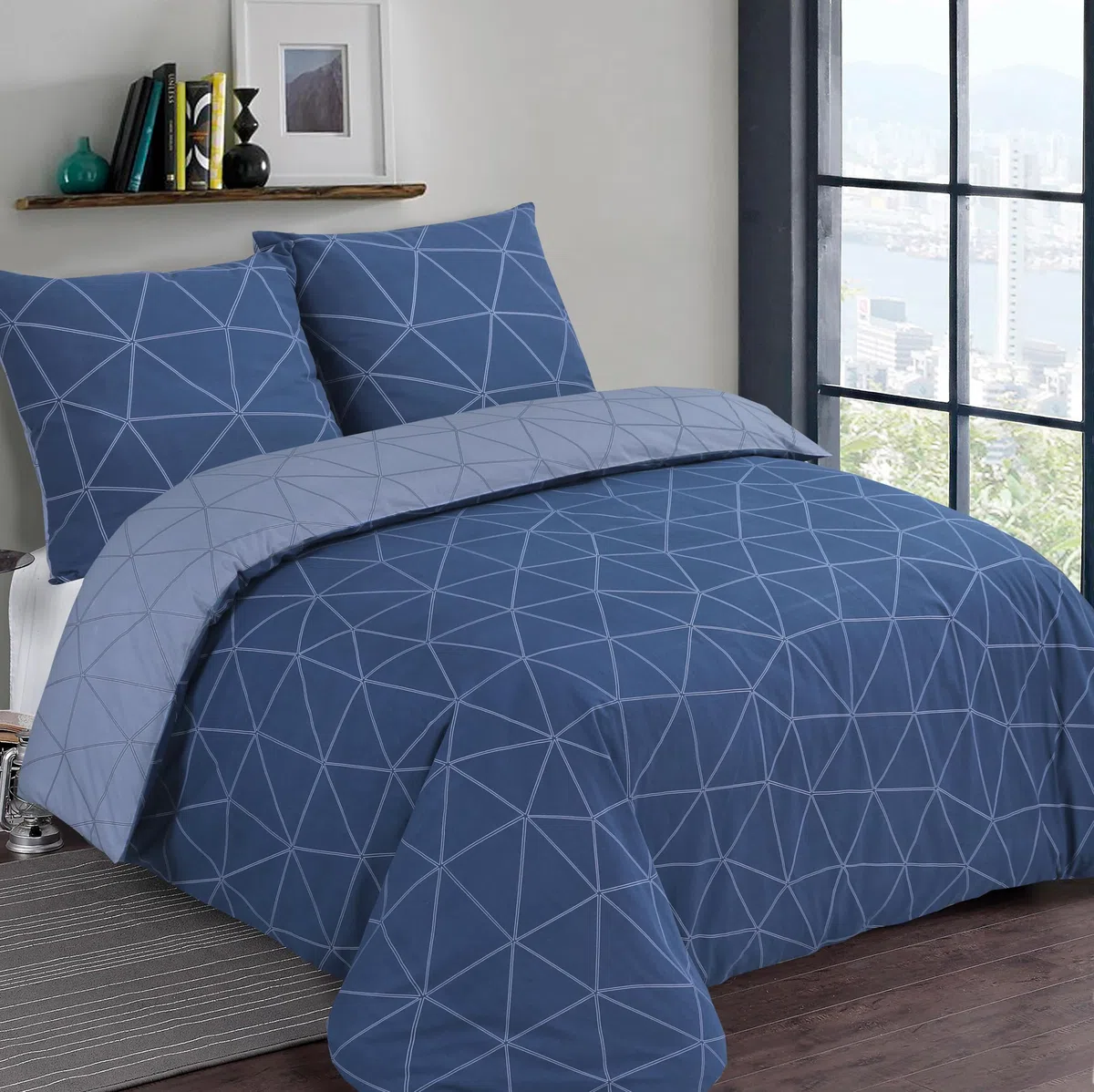VISION Hugo Blu - 100% cotone - Set Copripiumoni matrimoniale reversibile 240 x 220cm con 2 federe 65 x 65cm per letto matrimoniale - Tessuto morbido e confortevole - Certificato Oeko-Tex
