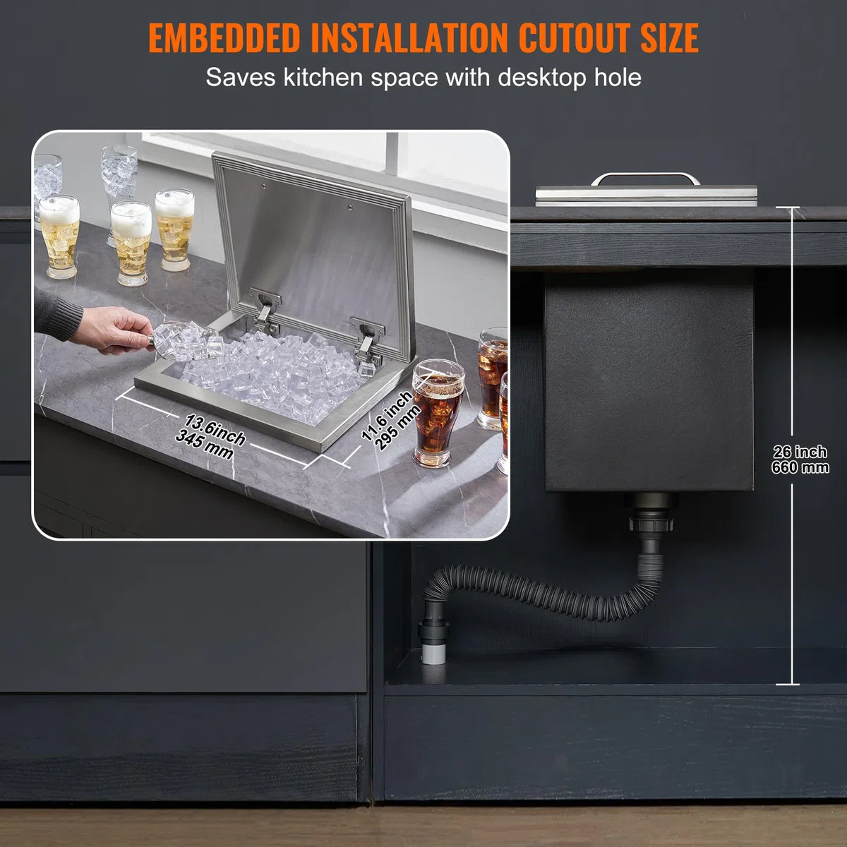 VEVOR Contenitore per Ghiaccio da Incasso 28,52 L 355x305x461 mm, Contenitore per Ghiaccio Coibentato in Acciaio Inox, con Coperchio incernierato, Tubo Flessibile, per Bevande Birre Fredde, Cottura