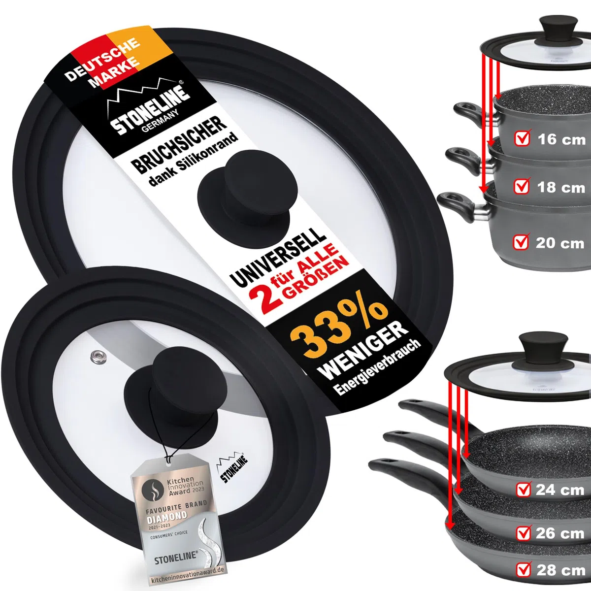 STONELINE 3 in 1 Coperchio Universale Set 2 Pezzi per Pentole e Padelle da 16/18/20 e 24/26/28 cm Coperchio in vetro Universale Bordo Silicone Platino Graduato, Resistente al Calore, 6 Misure, Nero