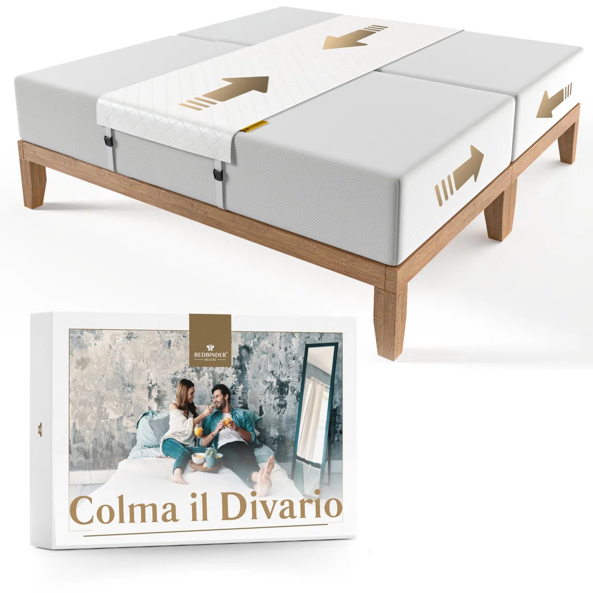 Bedbinder DeLuxe Unisci Materassi Singoli in Matrimoniale - Fascia per Unire Due Materassi Singoli 80 cm - Ferma Materasso per Rete a Doghe e Blocca Materasso - Giunzione Piatta e Invisibile