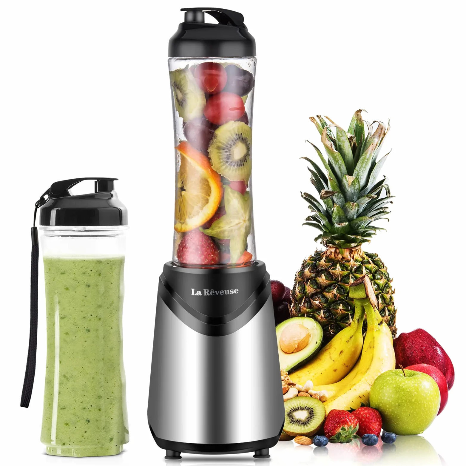 La Rêveuse Frullatore Personale Mini-size Blender con 2 Bottiglie Portatili 550ml,senza BPA,2 Coperchi da Viaggio,Mixer per Smoothie (Silver)