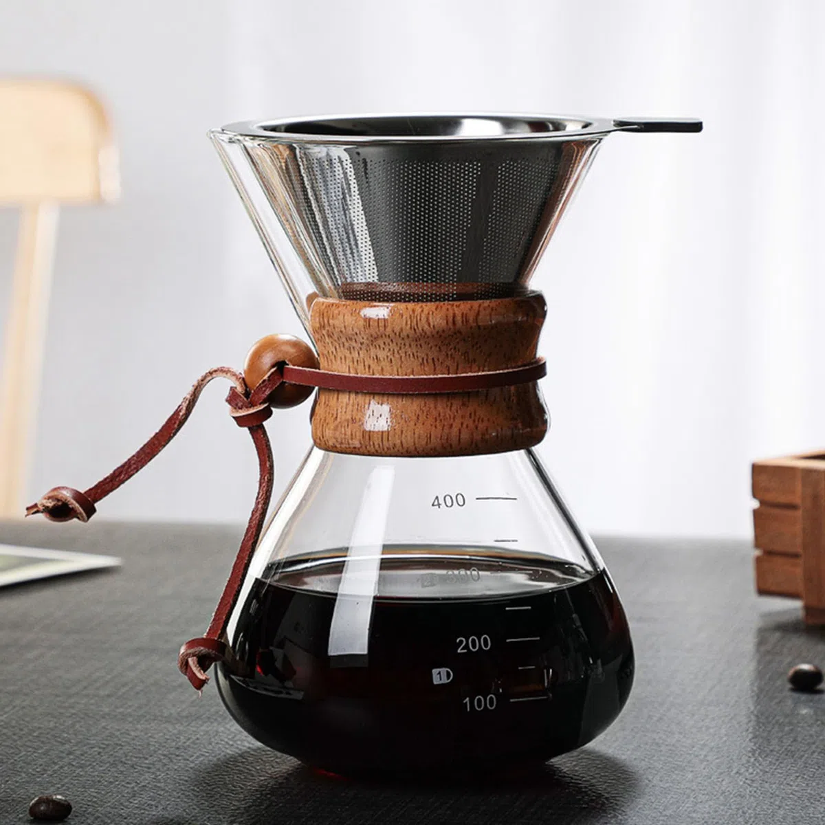 Coffee Brewer, Pour Over Coffee Maker 400ml Doppio Filtro Filtro per caffè con Maniche in Legno Adatto per Feste in Casa
