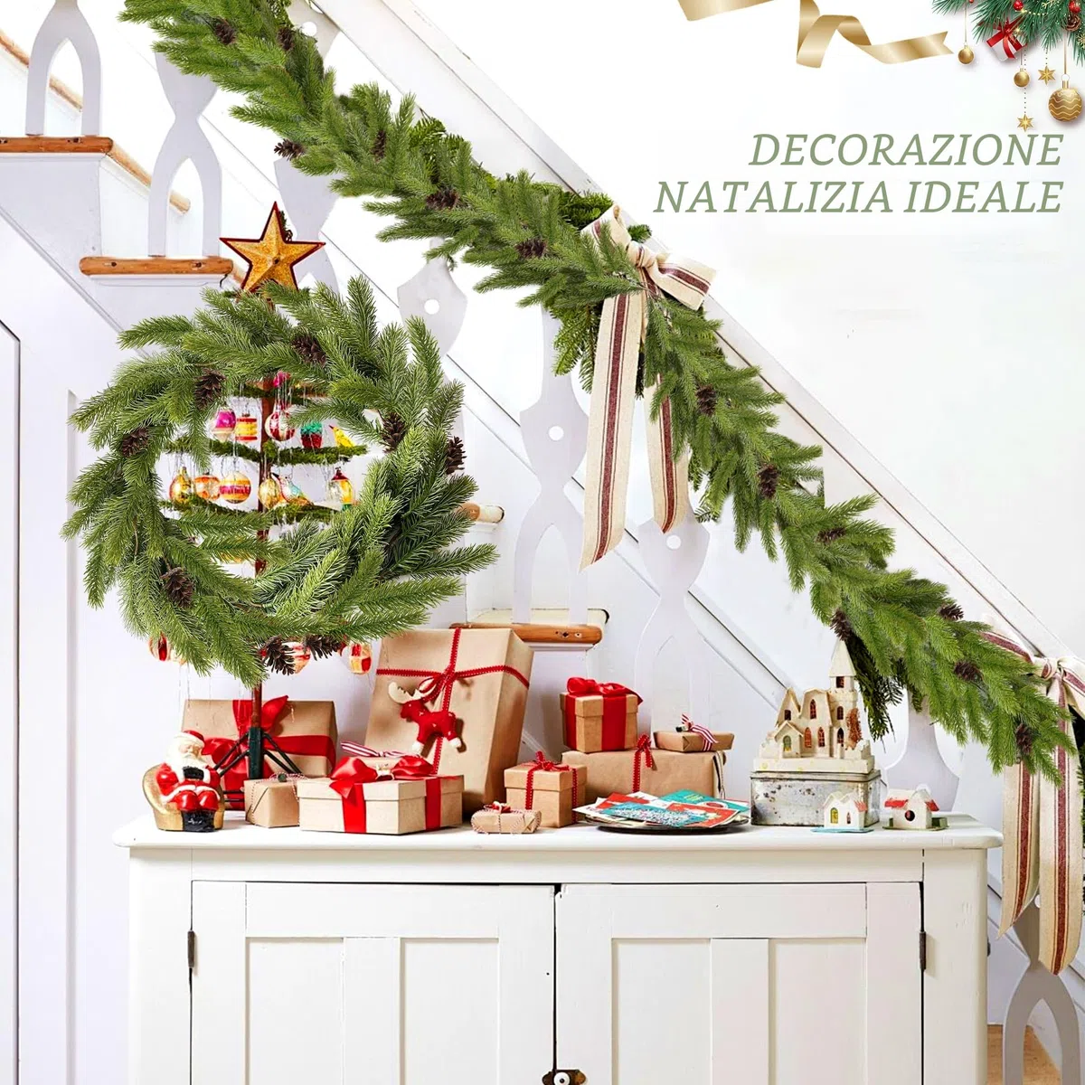 ROLLWAY Ghirlanda Natalizia Verde Lunga 185cm, Rami di Pino Artificiale Ghirlande Natale per Esterno e Interno Festone Natalizio Verde Ghirlande di Abete Natalizie Decorazioni per Porta Scale Camino