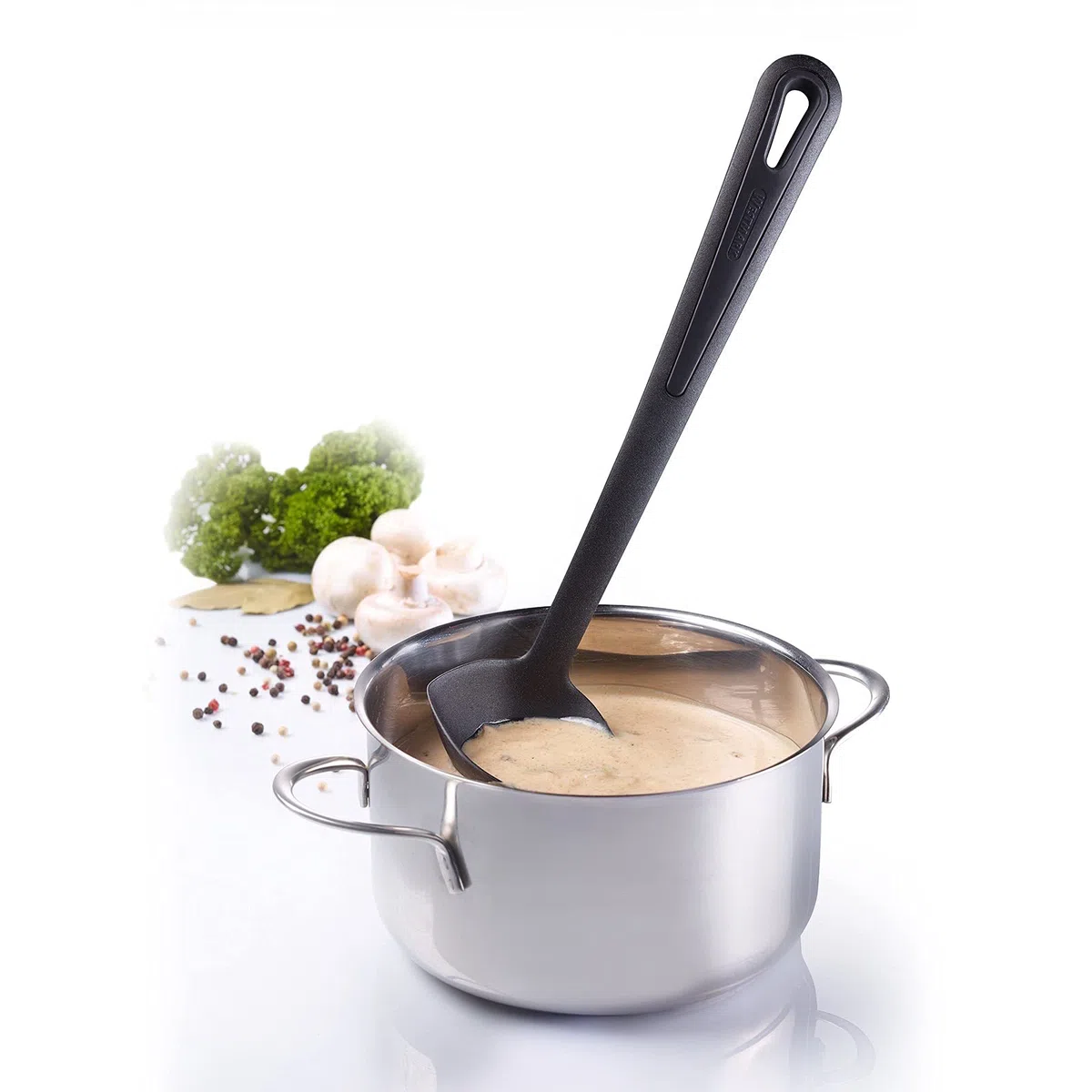 Westmark Set di Salse, 2 Pezzi, 1 Salsiera Termica con Coperchio Ripiegabile, 0,5 L, +1 Cucchiaio per Salse Gentle, Lunghezza: 29 cm, Acciaio Inossidabile/ABS/PP/PA, Argento/Nero, 622422E6