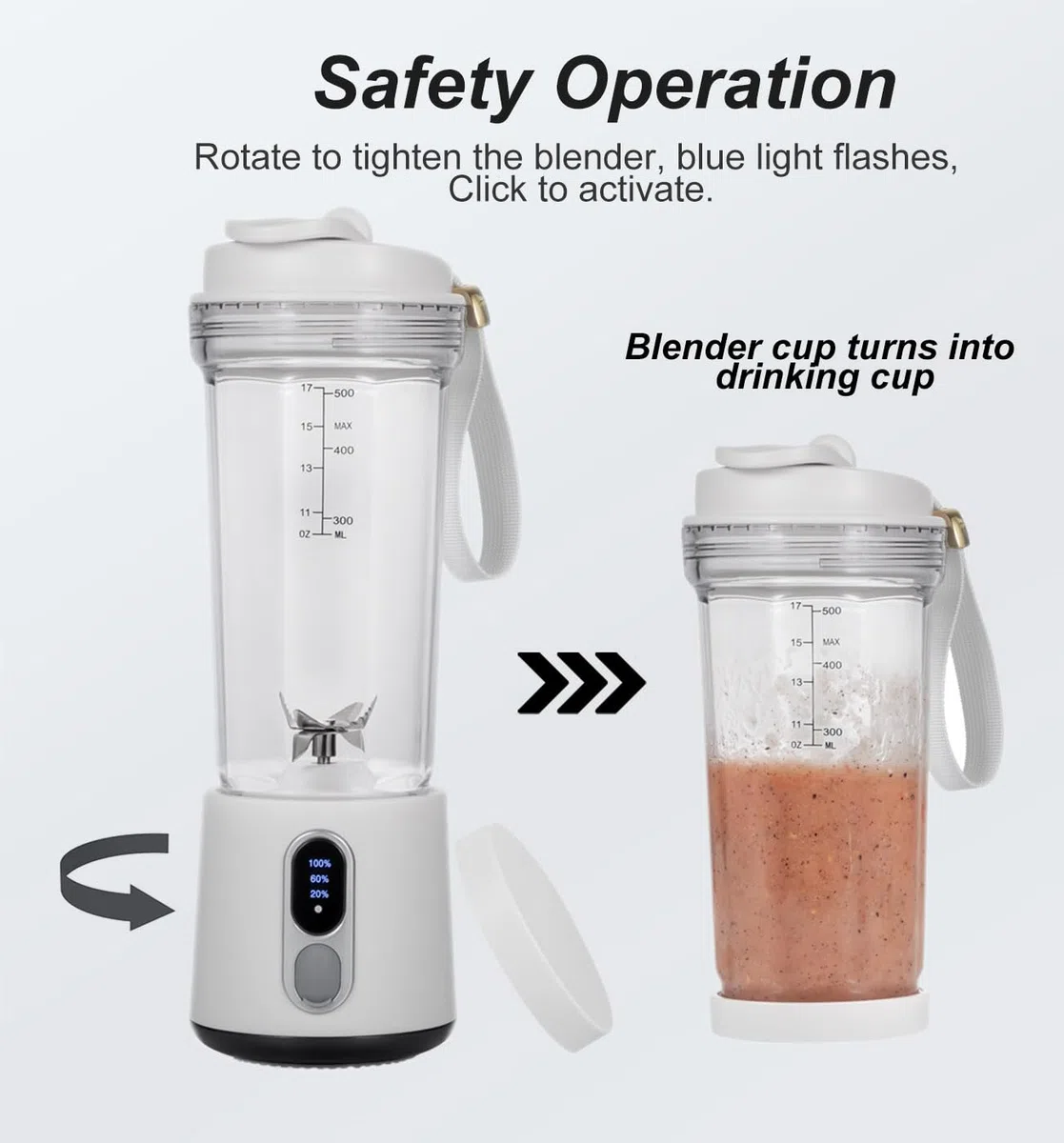Frullatore Portatile 500ml per Frullati e Smoothies, Ricaricabile USB-C 4000mAh, 6 Lame in Acciaio Inossidabile, Frullatore da Viaggio Senza Fili per Palestra, Esterno, Cucina