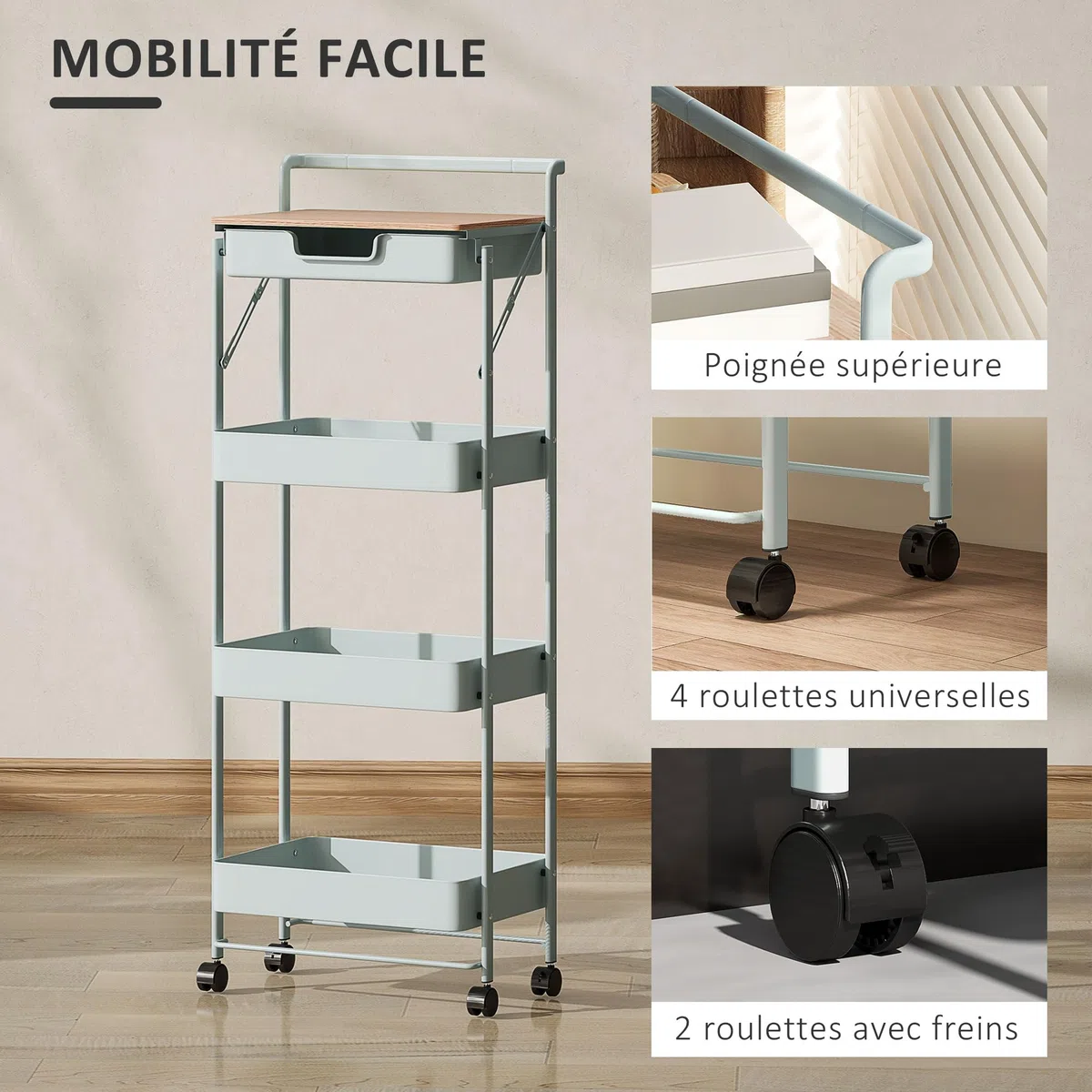 HOMCOM Carrello portaoggetti con ruote a 4 livelli, carrello con ruote con cassetto, vassoio e ceste, per cucina, soggiorno, bagno, ufficio, verde