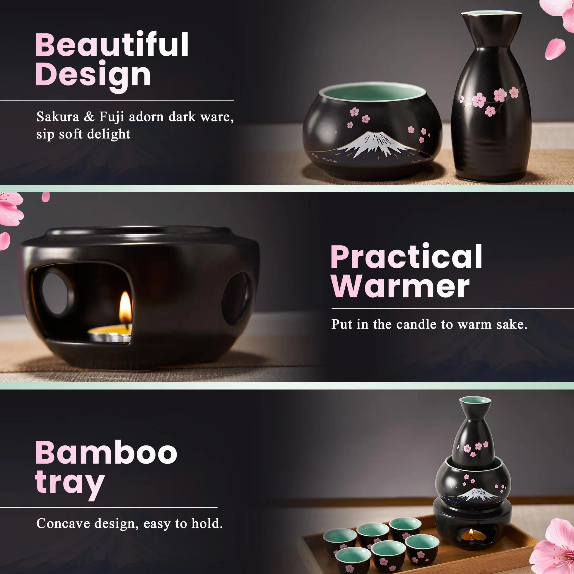 DUJUST Set da sake giapponese da 10 pezzi con scaldino, set da sake in porcellana con disegno Sakura & Fuji, 6 tazze da sake, 1 bottiglia, 1 scaldino, 1 fornello a candela, 1 vassoio e 1 scatola, Nero