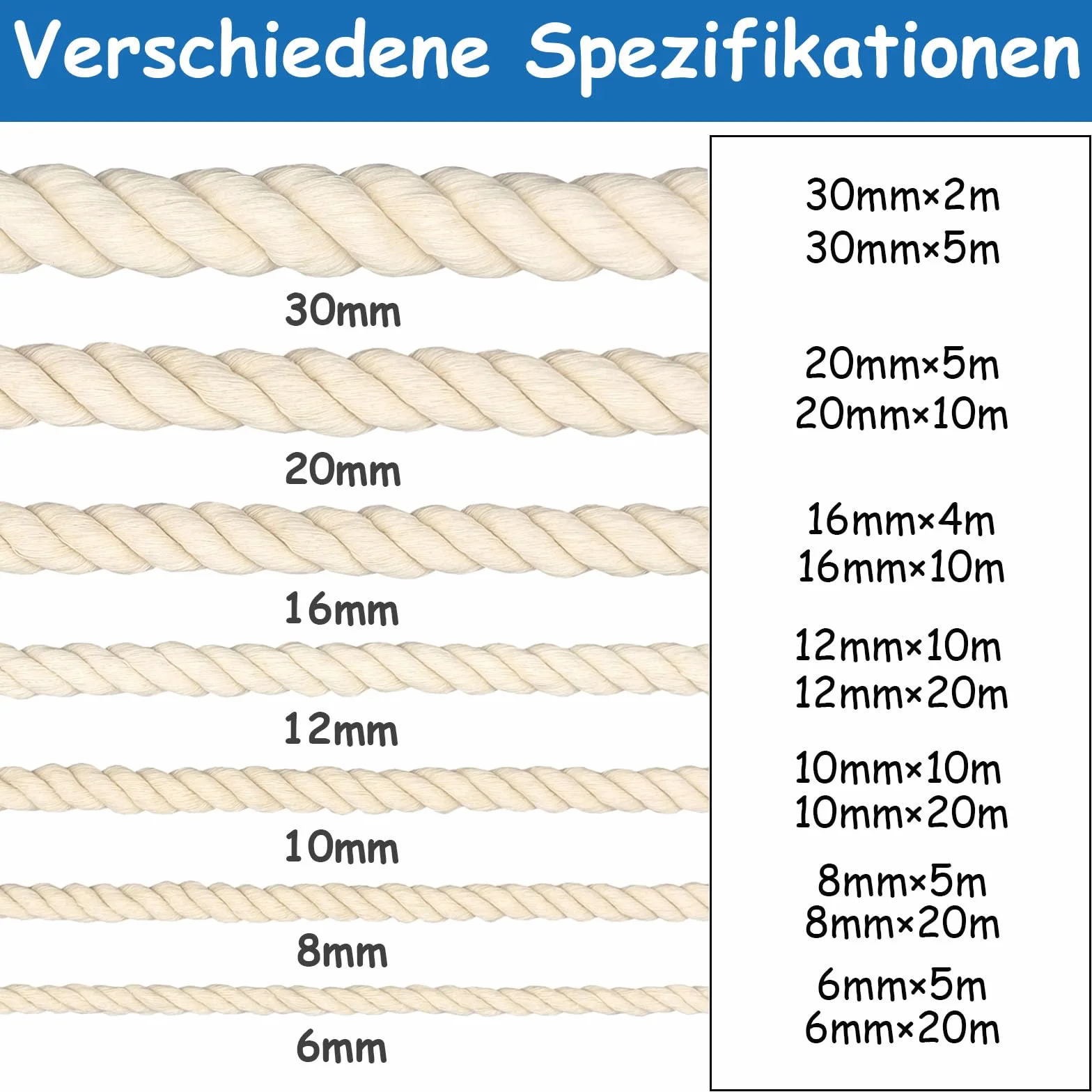FOSER Corda di cotone, Filo macramè, Corda di cotone per artigianato fai da te, Progetti decorativi, Giocattolo per animali domestici (30mm(5M))