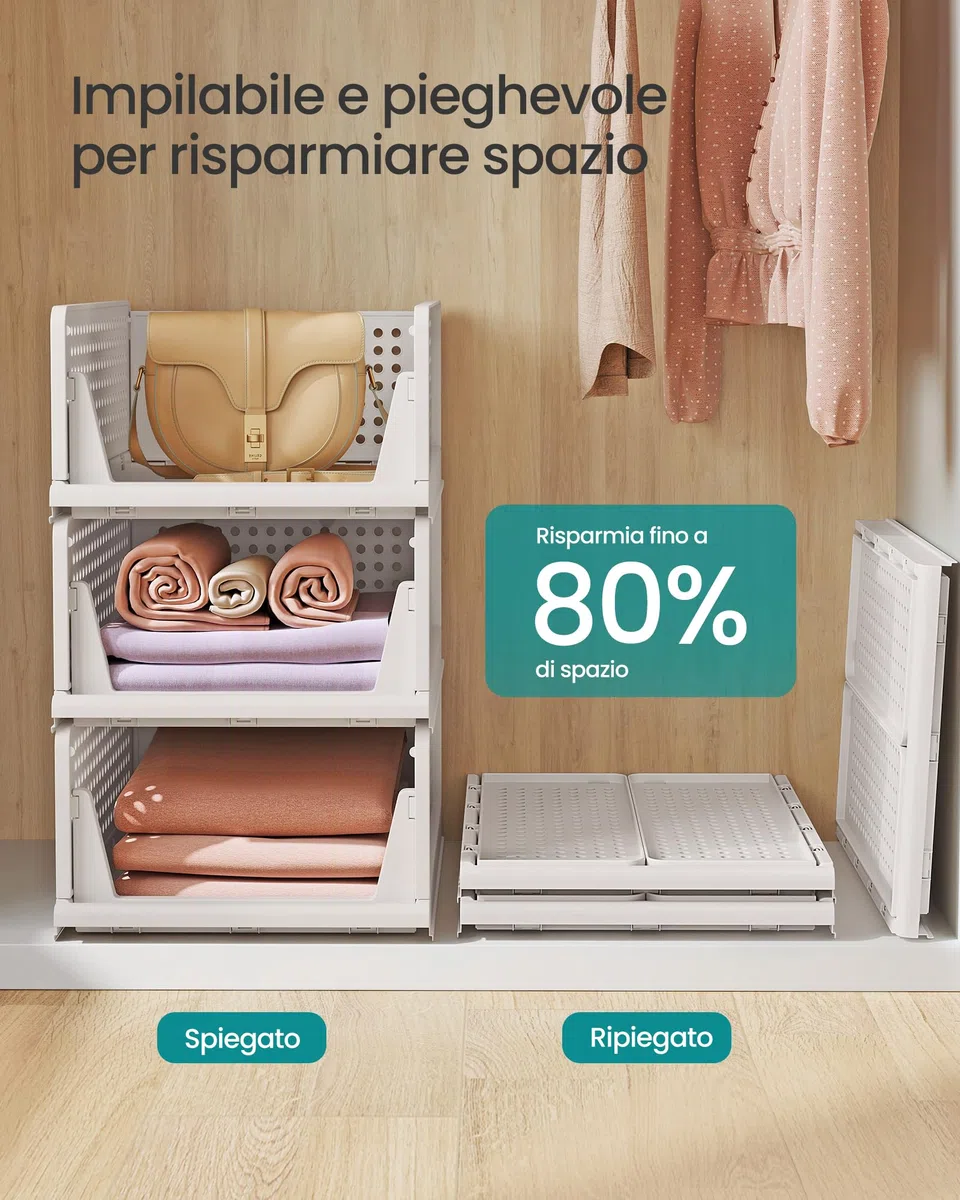 SONGMICS Organizer per Armadio Pieghevole, Set di 6 Organizzatori Cesti Impilabili Scorrevoli per Armadio, Cassetti in Plastica per Camera da Letto Ufficio Bagno, Bianco LPC600WZ01