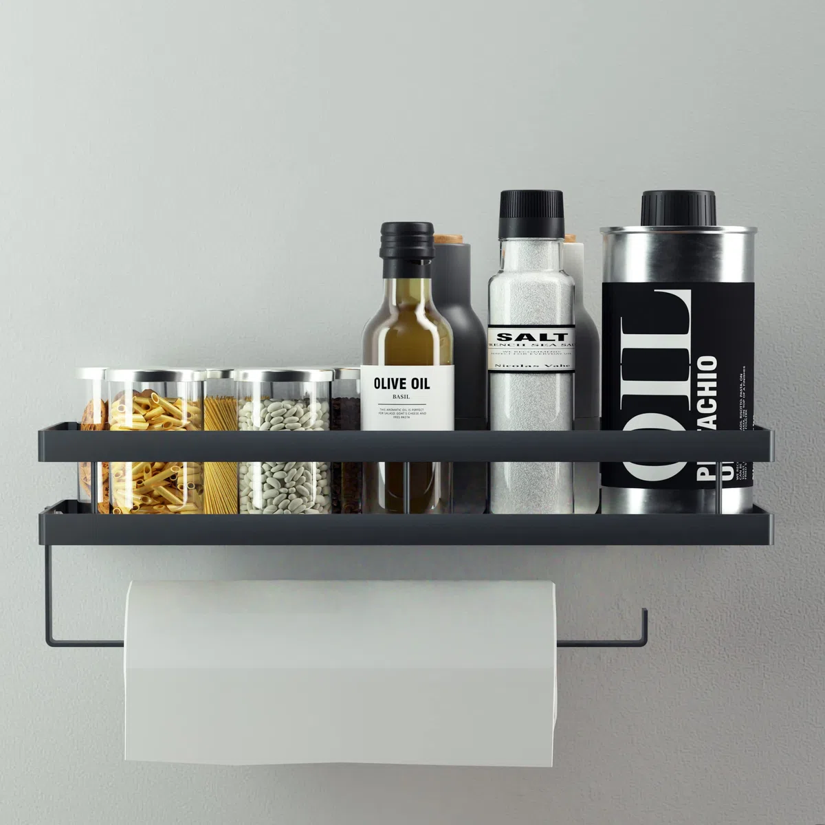 PortaSpezie,porta spezie per cucina, da parete,portaspezie da appendere da appeso con 4 ganci rimovibili,con porta rotolo da cucina, organizer barra portautensili cucina,35 cm,nero