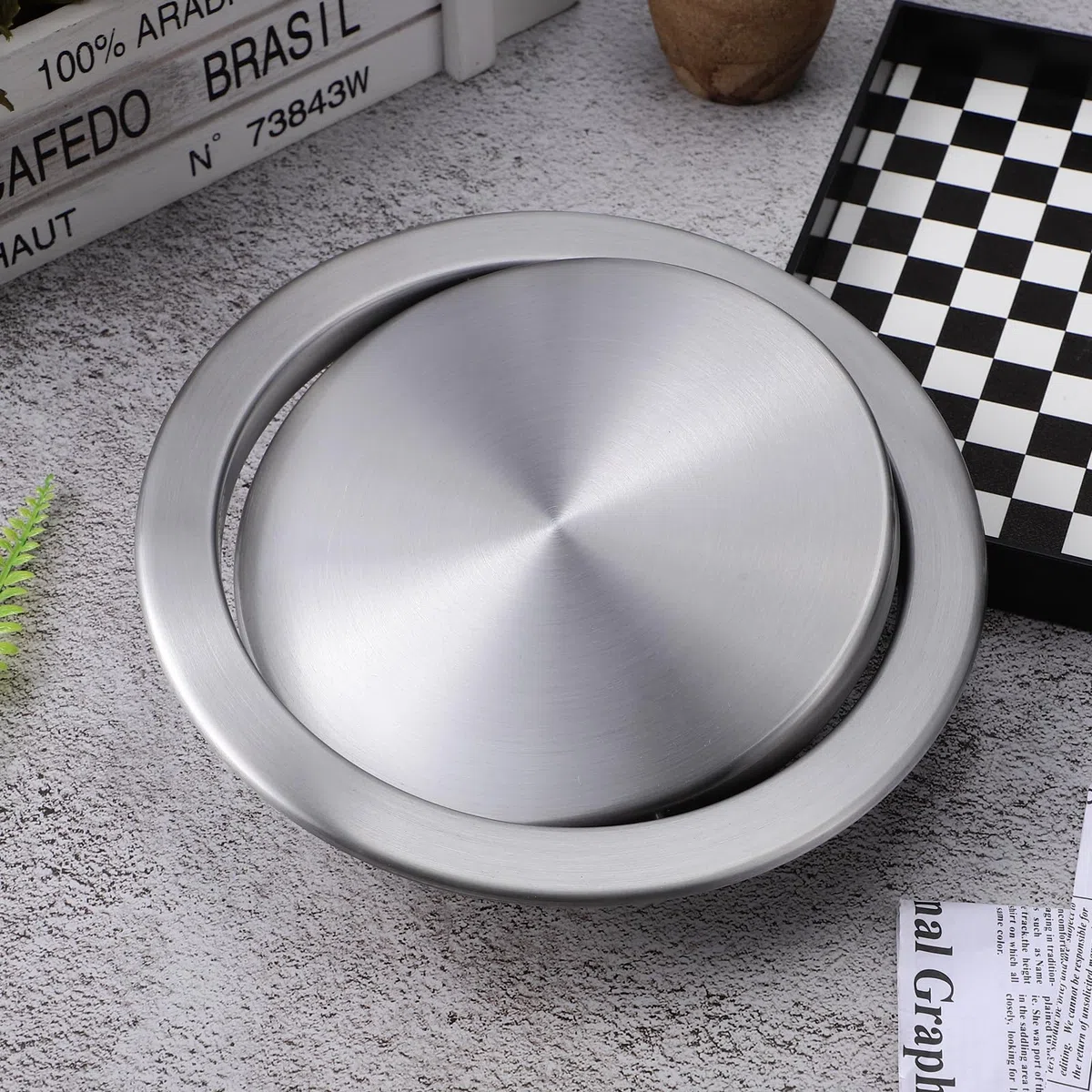 Generico Coperchio per Pattumiera da Banco in Acciaio Inox 430 Rotondo Piccolo Occhiello, Copertura da Incasso per Piano di Lavoro, Apertura Ribalta Silenziosa per Cucina, Bagno e Officina